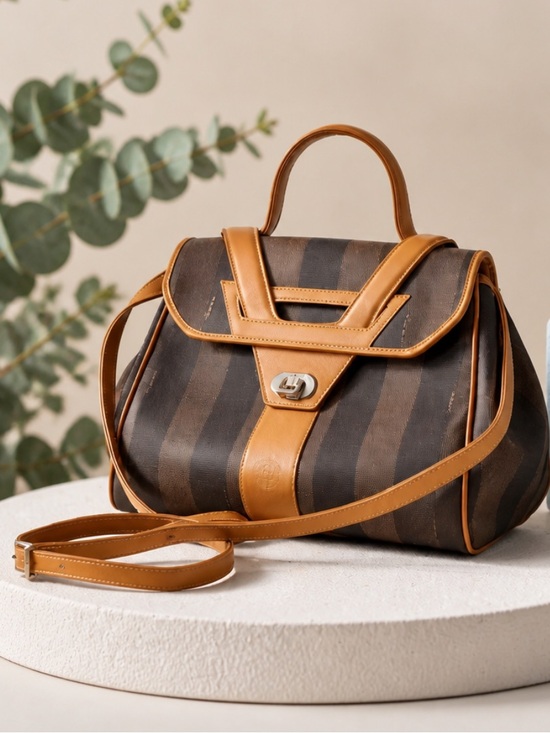 Fendi Handbags - Fendi Pequin Black & Tan Striped Handbag/Crossbody Bag with Leather Trim.